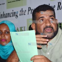 Haki Africa Executive Gender Officer Salma Hemed (left) and Mvita MP Abdulswamad Nassir (centre) address the press