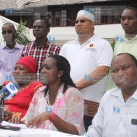 Addressing the press at the Serena Beach Hotel