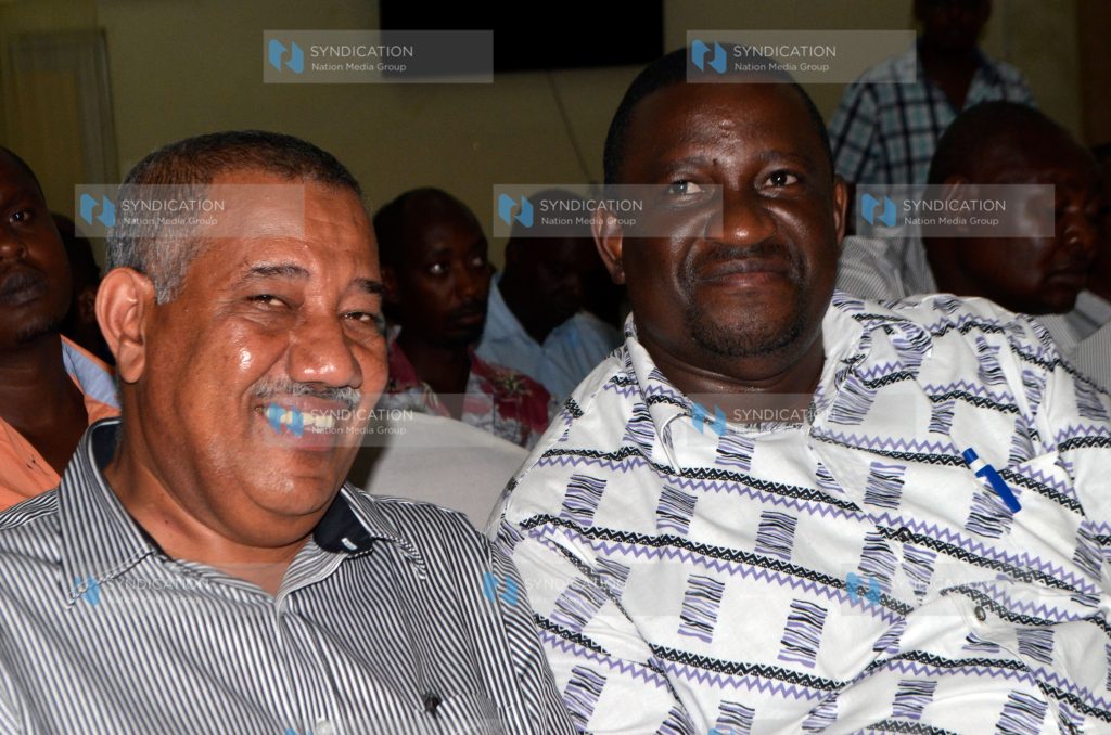Coast Governors Issa Timamy (left) for Lamu County and Salim Mvurya for Kwale County during a consultative forum