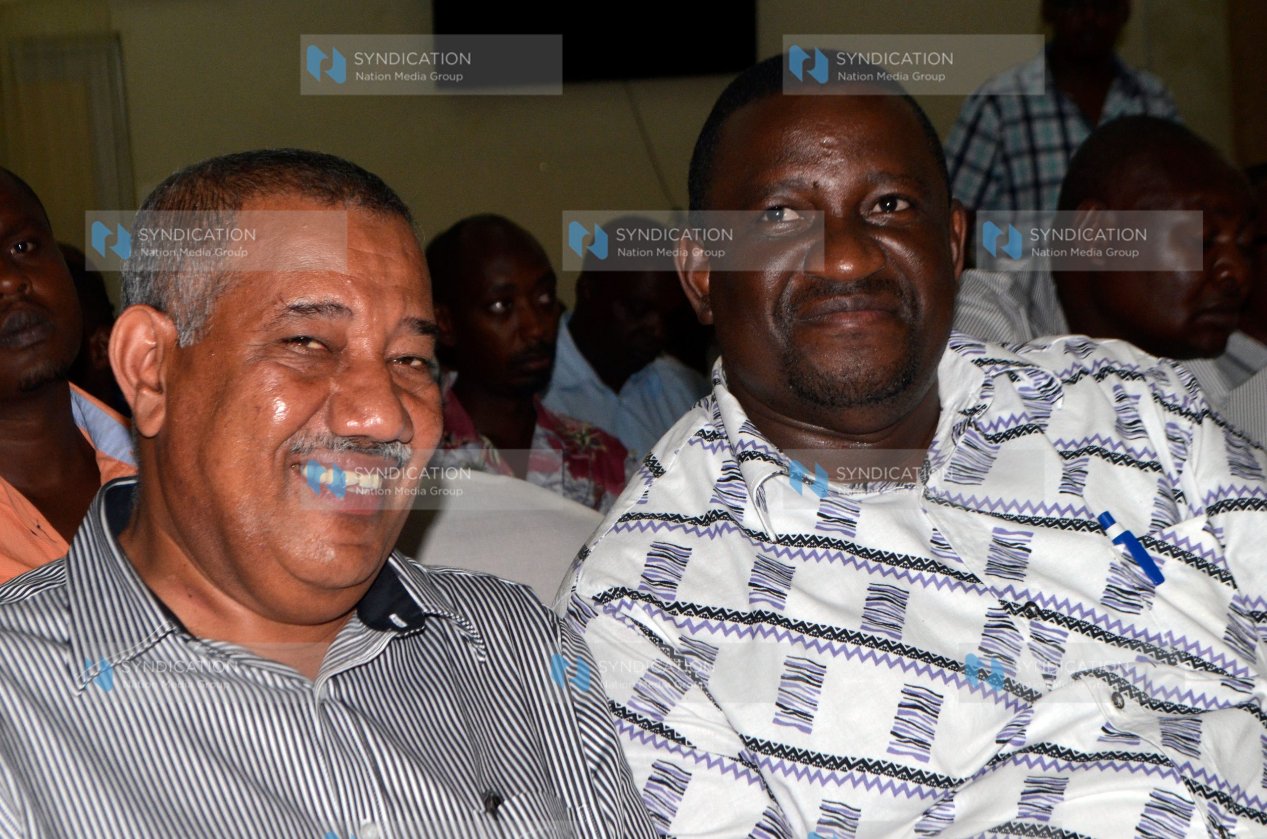 Coast Governors Issa Timamy (left) for Lamu County and Salim Mvurya for Kwale County during a consultative forum