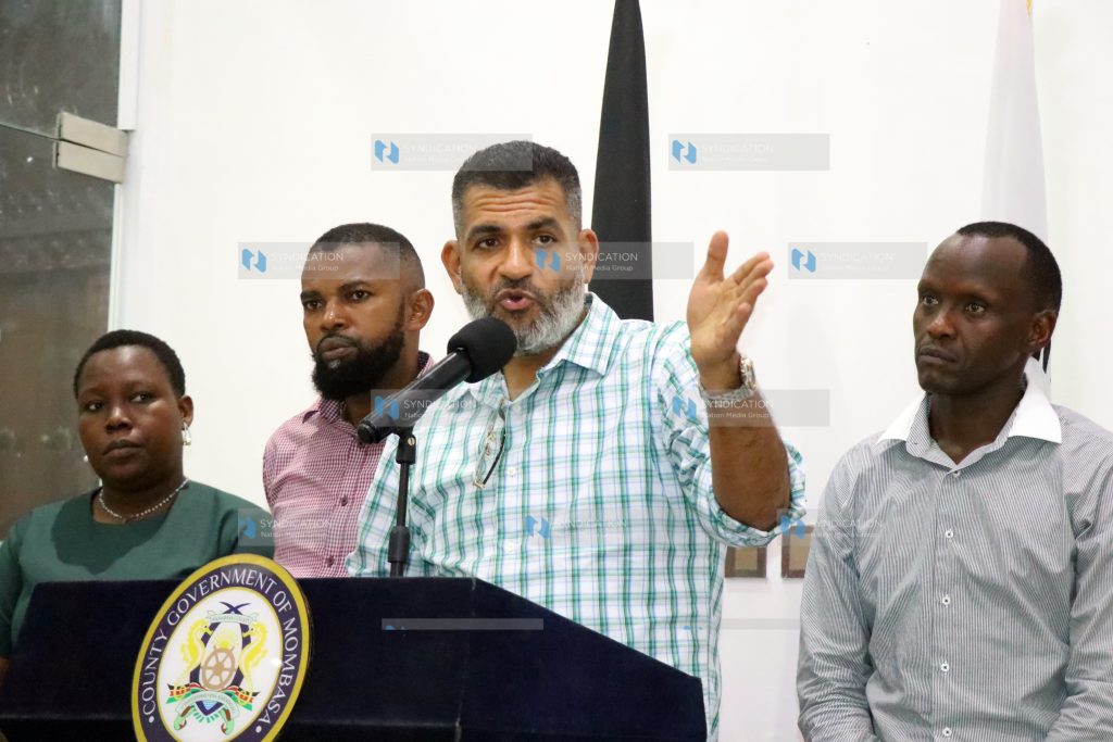 Mombasa County Governor Abdulswamad Nassir (centre) speaks after holding talks with Energy and Petroleum Cabinet Secretary Davis Chirchir
