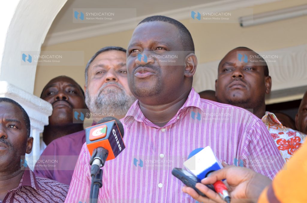 Kwale Governor Salim Mvurya (centre) with Members of his County Assembly addressing members of the press