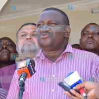 Kwale Governor Salim Mvurya (centre) with Members of his County Assembly addressing members of the press