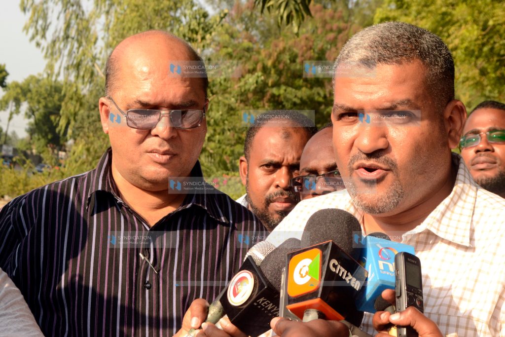 Mvita MP Abdulswamad Nassir (right) and Kisumu Town East MP Shakeel Shabbir (left) brief the media