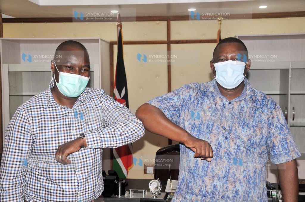 Kwale Governor Salim Mvurya [r] meets Nation Media Group commercial manager Mr. Symon Bargurei