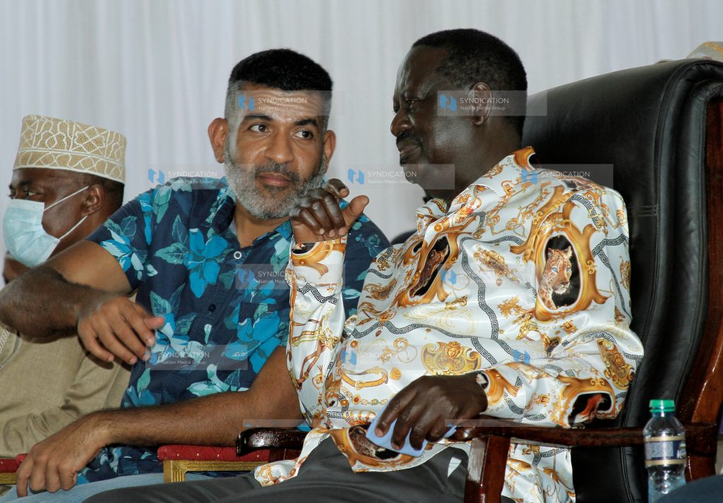 ODM leader Raila Odinga with Mvita MP Abdulswamad Nassir and other leaders during a meeting with elders