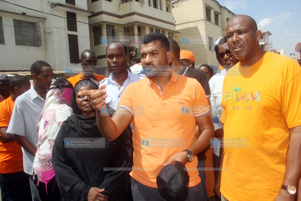 Mvita MP Abdulswamad Nassir addresses journalists outside his CDF office
