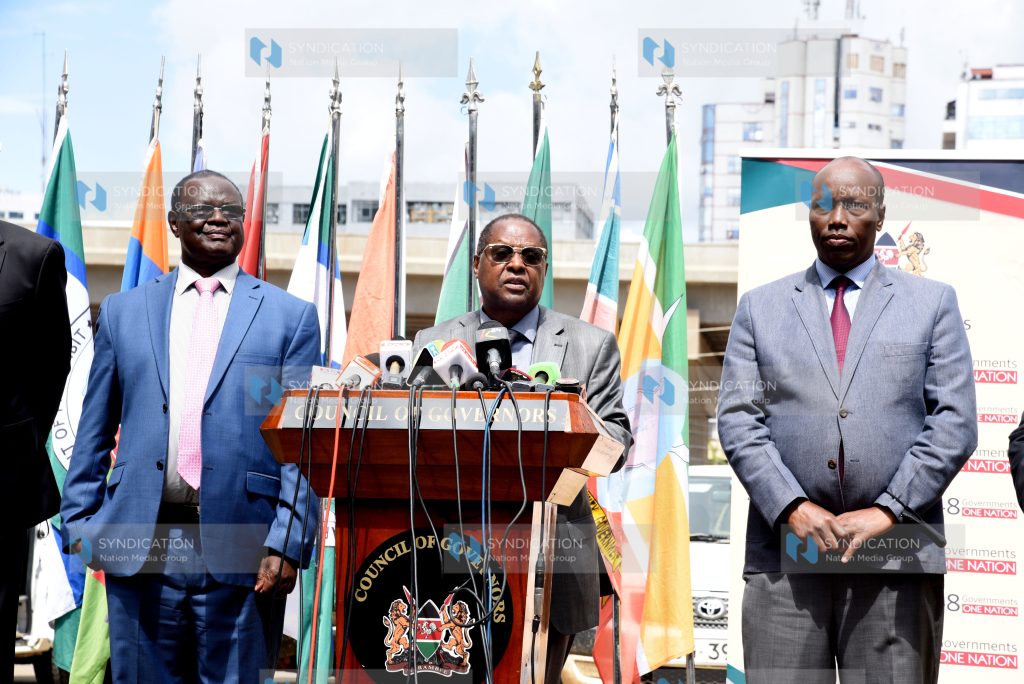 Council of Governors (CoG) Chair Martin Wambora addresses the media
