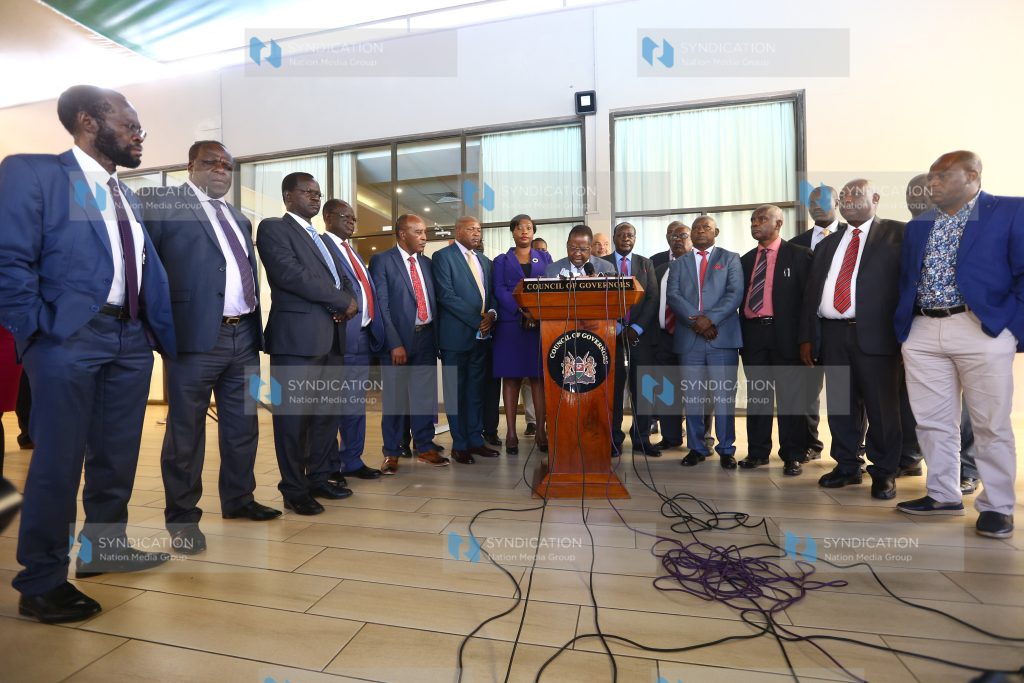 Embu Governor and COG Chairman Martin Wambora, flanked by other governors, addresses the media