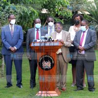 Council of Governors (CoG) Chair and Embu Governor Martin Wambora (second right) addresses a press conference
