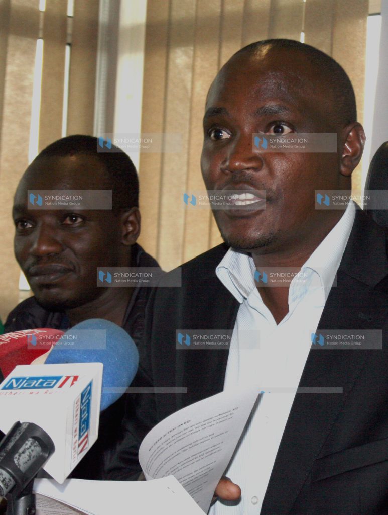 From (left) Dagoretti North MP Simba Arati and the chairman of Cord John Mbadi (Right) addresses the press