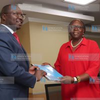 CS Betty Maina handing over to the Incoming Cooperatives and Micro, Small and Medium Enterprise (MSMES) CS Simon Chelugui