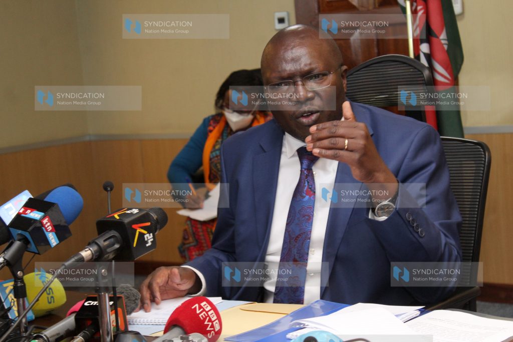 Labour and social protection CS Simon Chelugui addressing the press at NSSF building