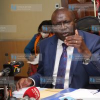 Labour and social protection CS Simon Chelugui addressing the press at NSSF building
