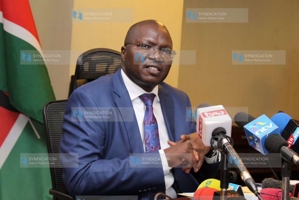 Labour and social protection CS Simon Chelugui addressing the press at NSSF building
