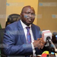 Labour and social protection CS Simon Chelugui addressing the press at NSSF building