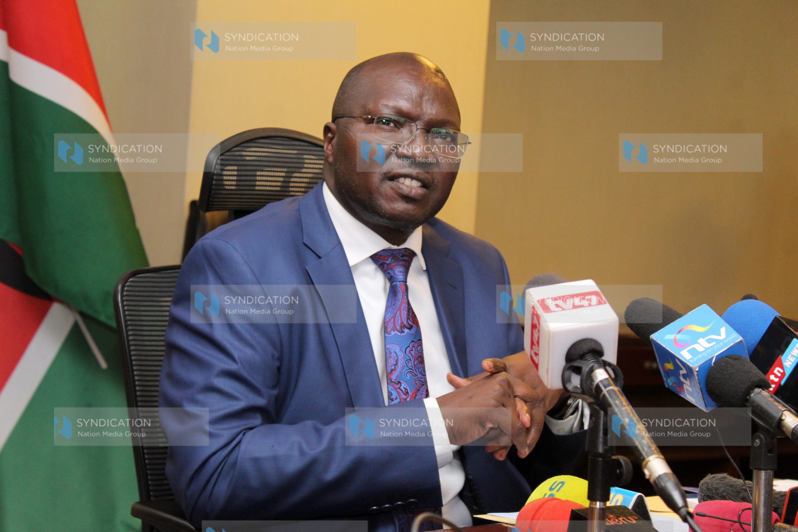 Labour and social protection CS Simon Chelugui addressing the press at NSSF building