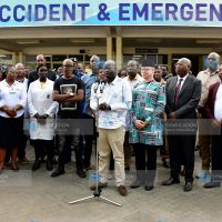 Deputy President Rigathi Gachagua (center) briefs citizens outside the casualty wing of Kenyatta National Hospital (KNH)