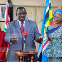 Cabinet Secretary for Mining, Blue Economy and Maritime Affairs Salim Mvurya (Centre) Principal Secretary for the State Department for the Blue Economy and Fisheries Betsy Njagi (left)