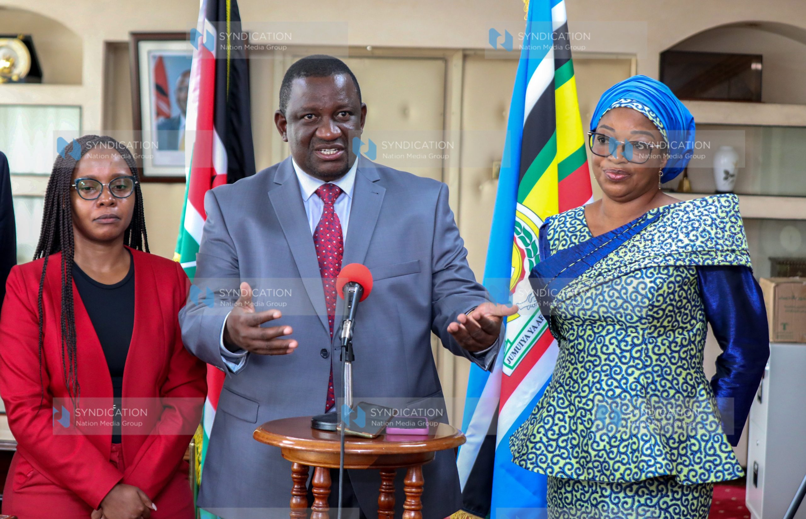 Cabinet Secretary for Mining, Blue Economy and Maritime Affairs Salim Mvurya (Centre) Principal Secretary for the State Department for the Blue Economy and Fisheries Betsy Njagi (left)