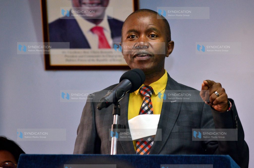 (ICT) Cabinet Secretary Joe Mucheru gestures during a media briefing