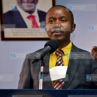 (ICT) Cabinet Secretary Joe Mucheru gestures during a media briefing