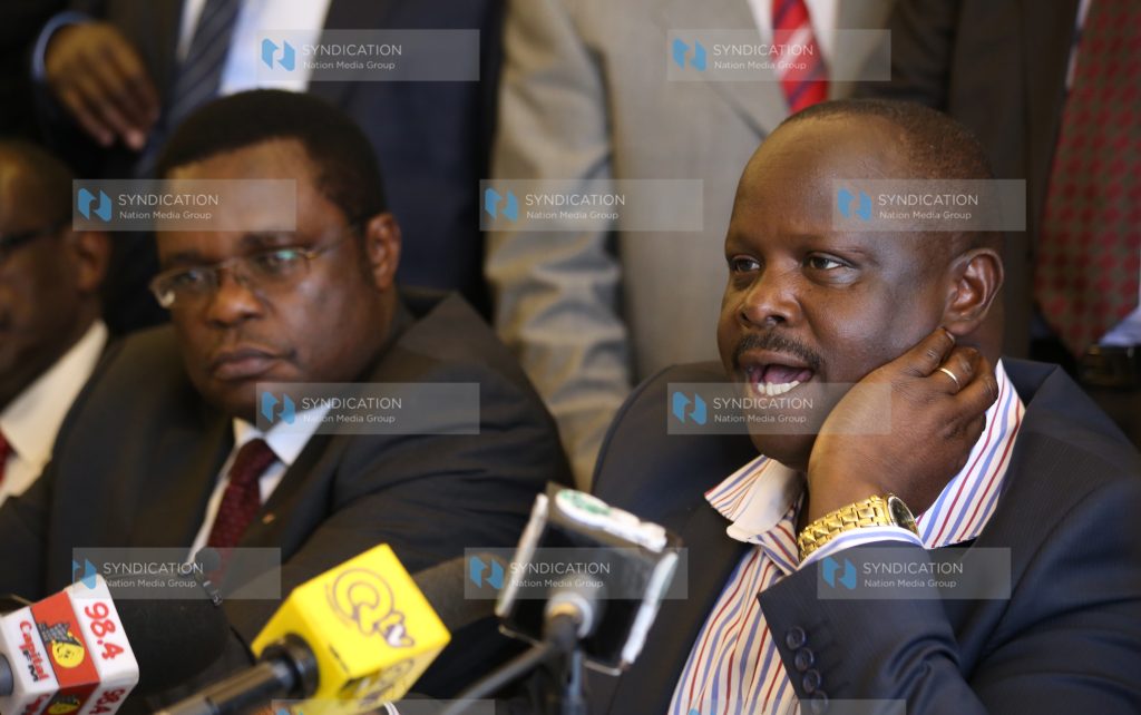 Governors led by their Council Chair Isaac Ruto (right) address the press