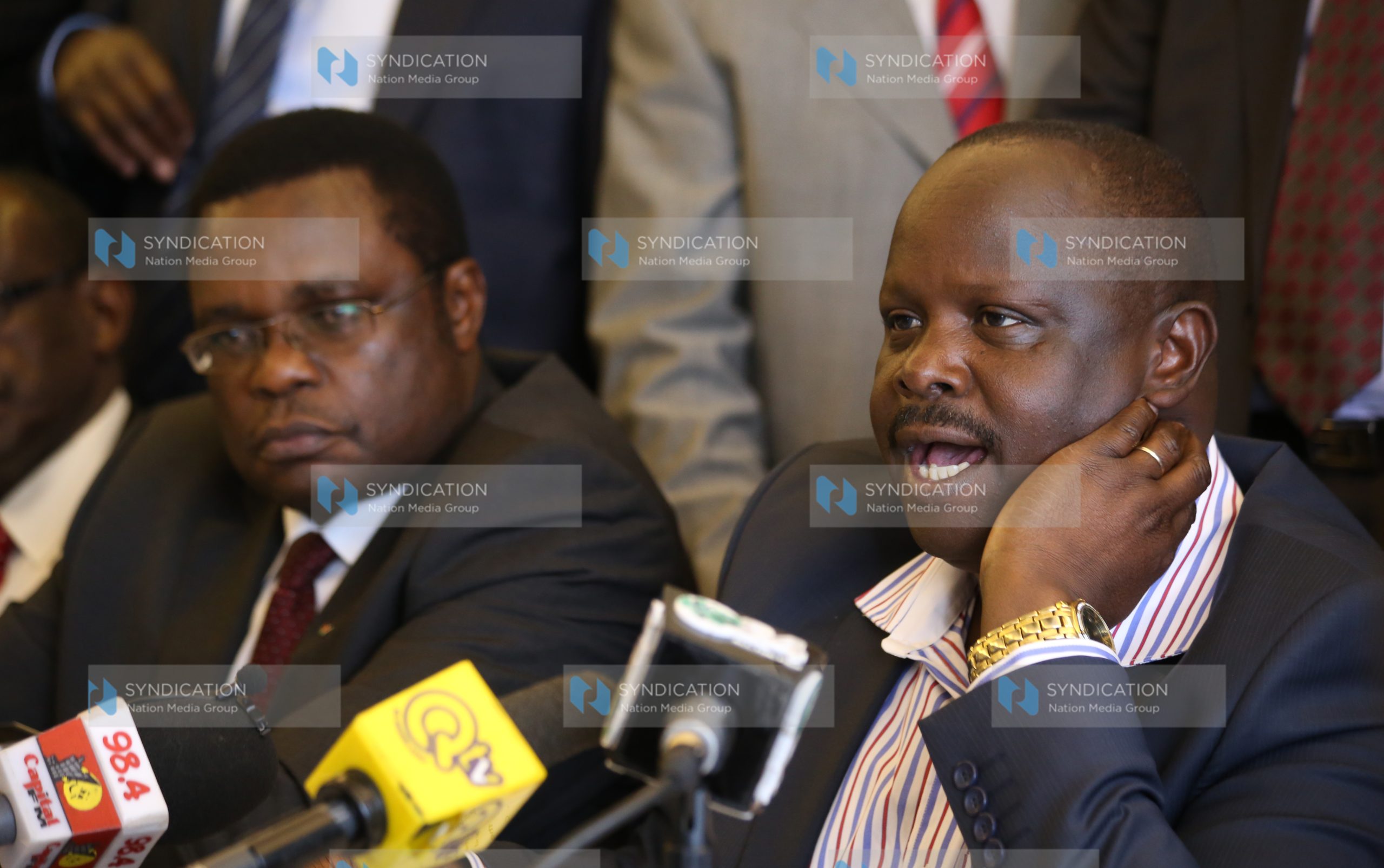 Governors led by their Council Chair Isaac Ruto (right) address the press