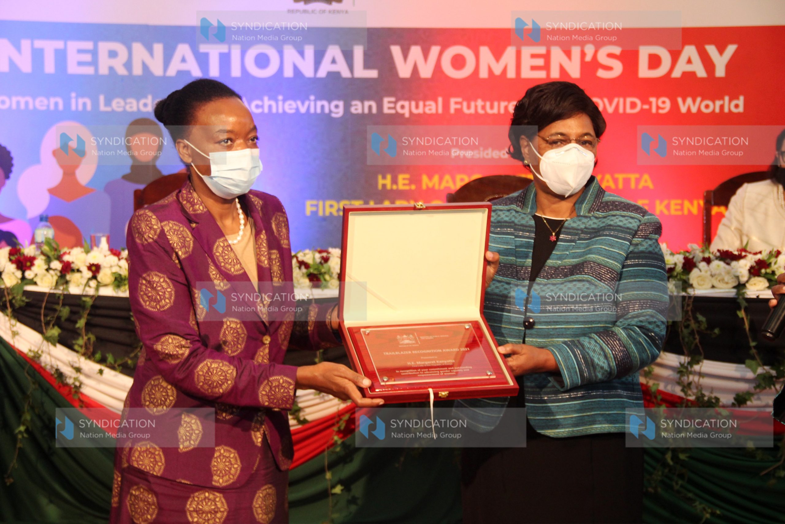 Defence Cabinet Secretary Monicah Juma with Ministry of Public Service, Youth and Gender Affairs CS Prof. Margaret Kobia