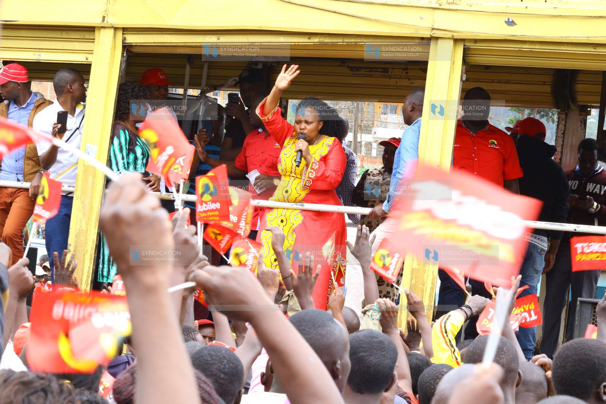 Nominated Senator Millicent Omanga addressing residents of Keroka town