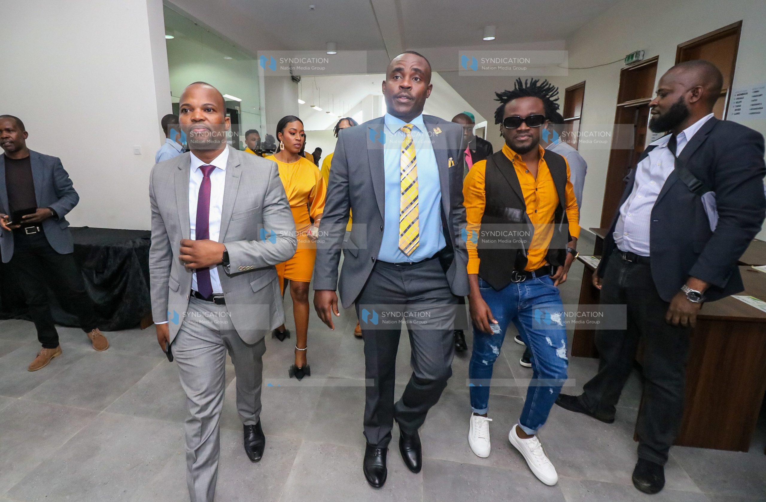 Comedian Jasper Muthomi alias MC Jessy, United Democratic Alliance (UDA) Party Secretary General Cleophas Malala, and singer Kevin Kioko alias Bahati