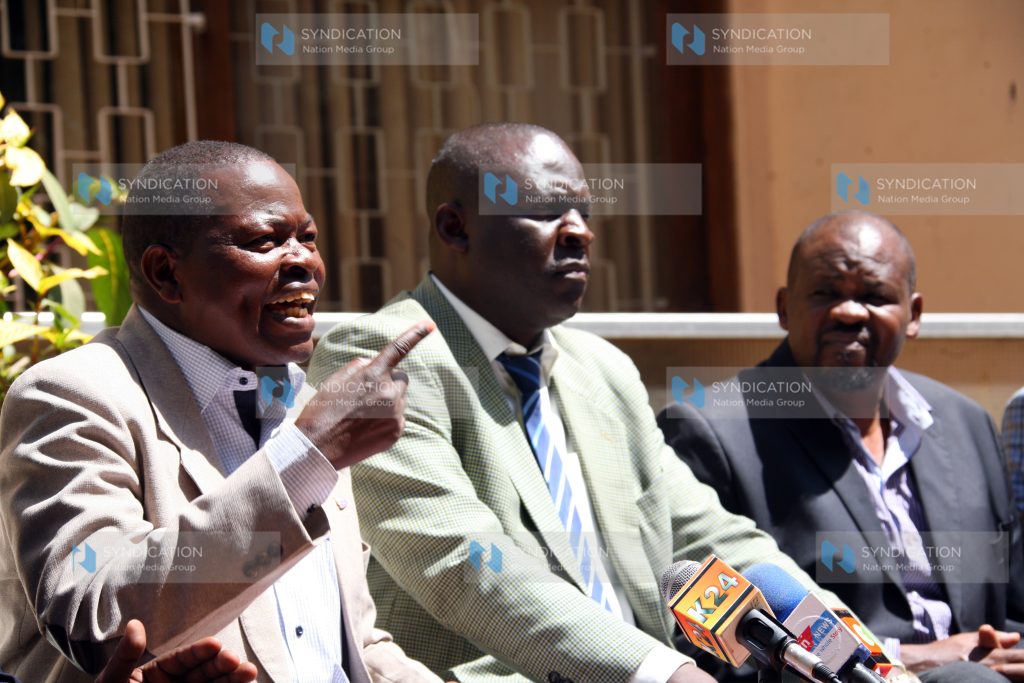KUPPET Secretary General Akelo Misori, his Chairman Omboko Milemba and Deputy Secretary General Moses Nthurima