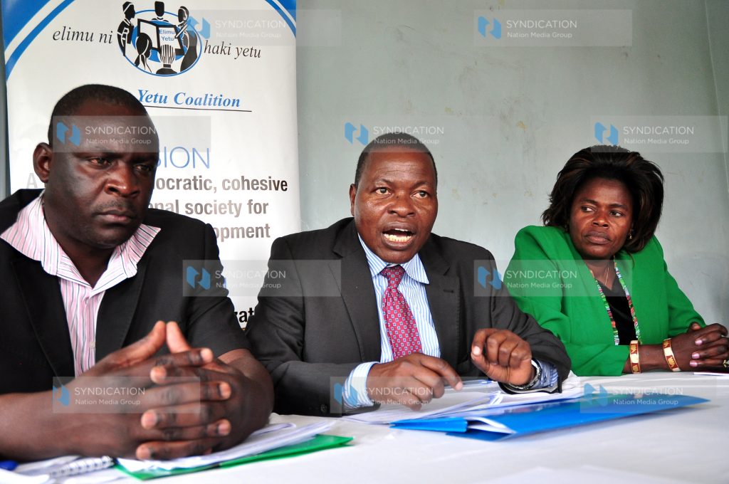 KUPPET Chairman Omboko Mulemba, KUPPET Secretary General Akelo Misori and Secretary for Gender Catherine Wambilyanga