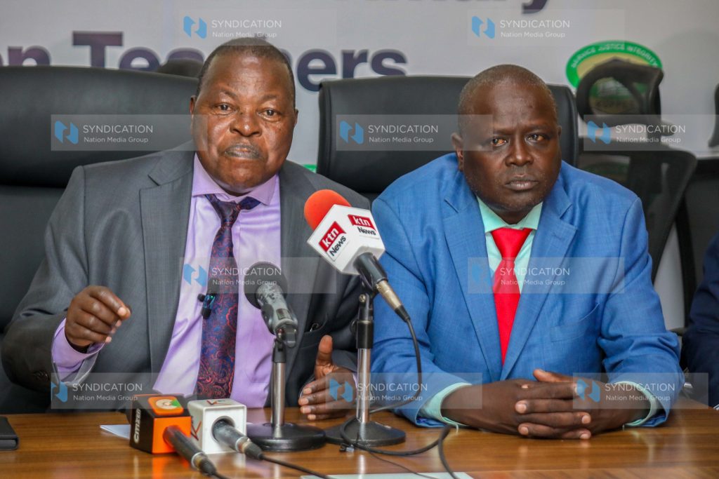 KUPPET Secretary General Akelo Misori and National Vice Chairman Julius Kimurgor Korir