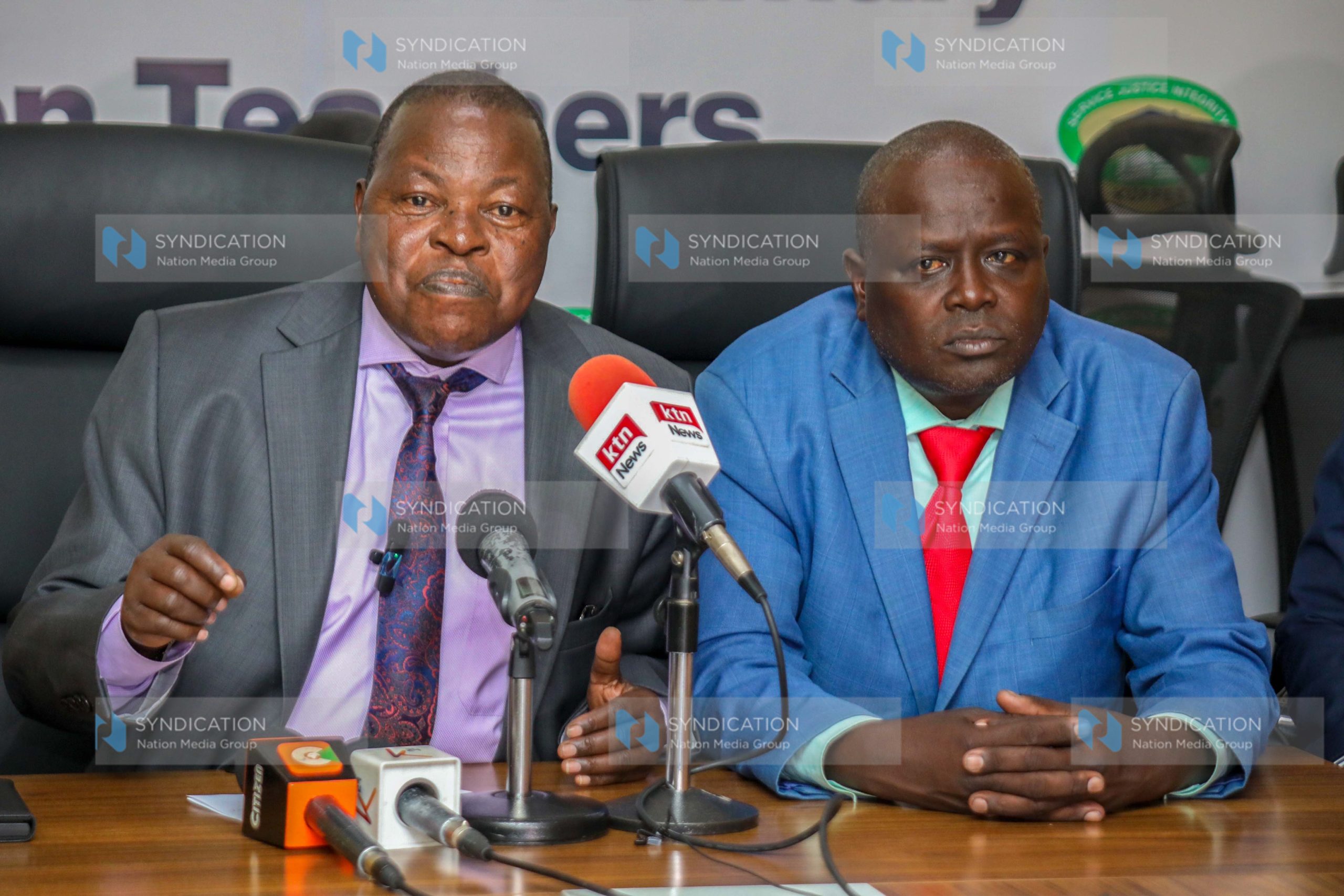 KUPPET Secretary General Akelo Misori and National Vice Chairman Julius Kimurgor Korir