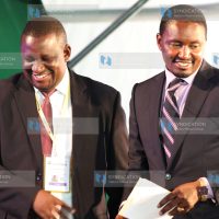 Devolution Cabinet Secretary Mwangi Kiunjuri and Kwale Governor and Council of Governors Vice Chairman Salim Mvurya
