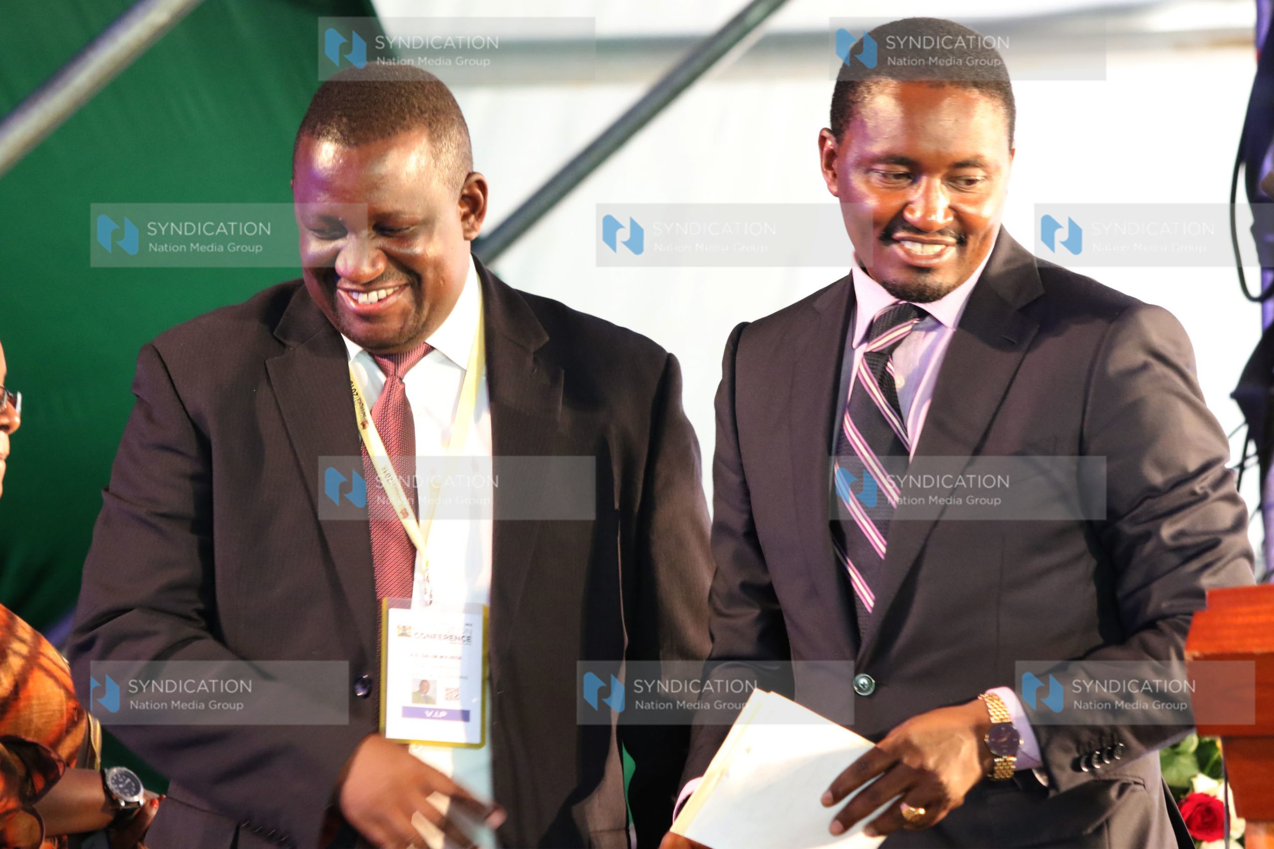 Devolution Cabinet Secretary Mwangi Kiunjuri and Kwale Governor and Council of Governors Vice Chairman Salim Mvurya