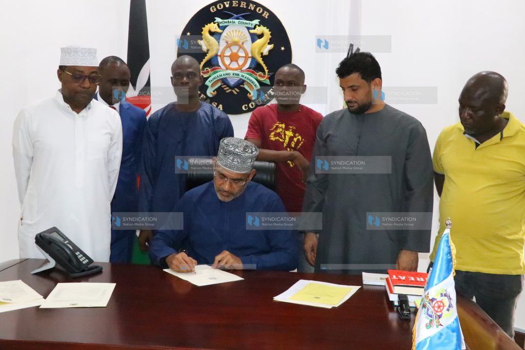 Mombasa County Governor Abdulswamad Nassir addresses the Press after receiving and signing the County Approved 2023/2024 budget