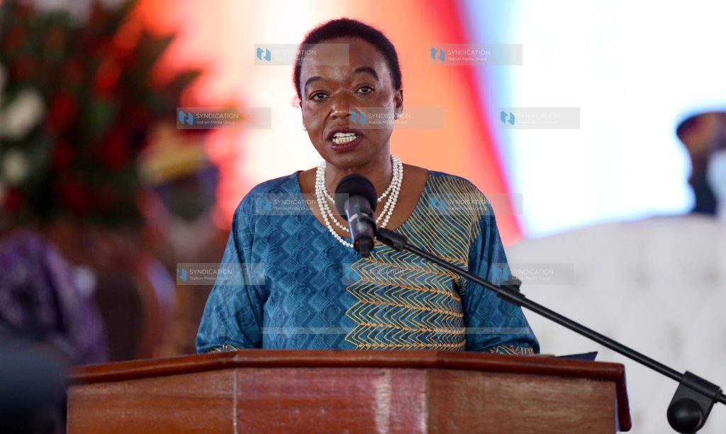 Cabinet Secretaries Monica Juma address when Outgoing Chief of Defence Gen Samson Mwathethe was handing over to Gen Robert Kibochi
