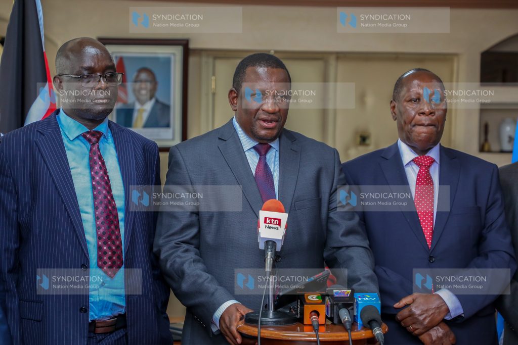 Cabinet Secretary for Mining, Blue Economy and Maritime Affairs Salim Mvurya West Pokot Governor Simon Kachapin and Kitui Governor Dr Julius Makau Malombe