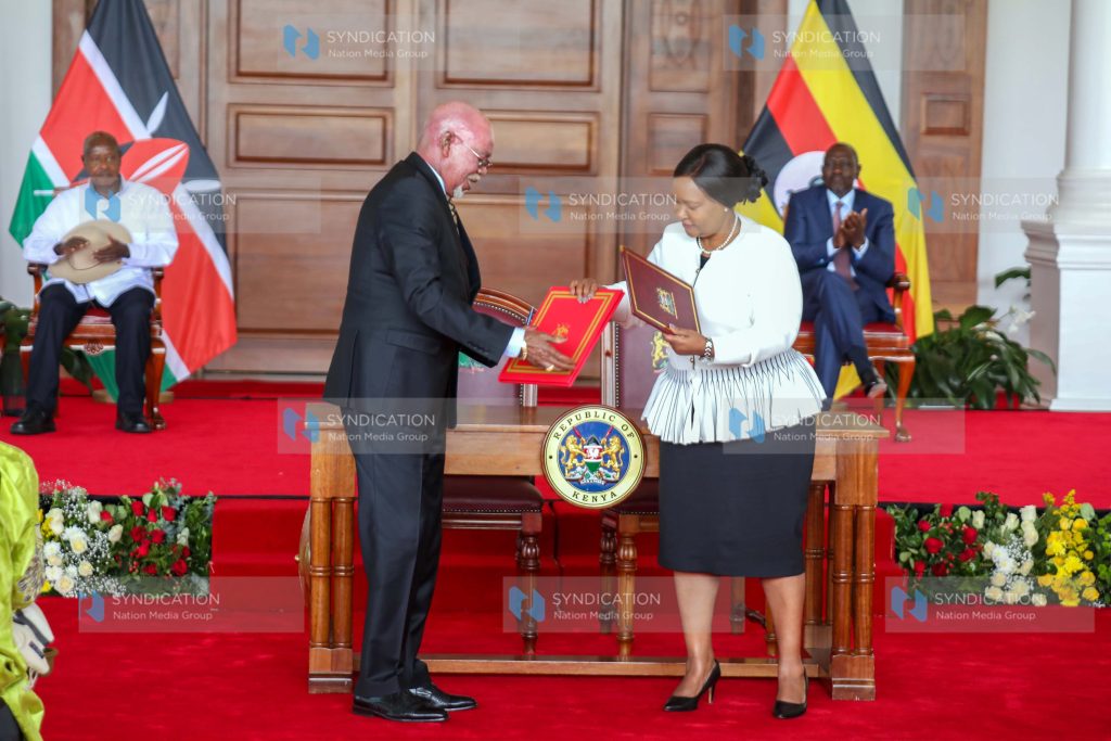 Cabinet Secretary for Tourism and Wildlife Rebecca Miano and Uganda's Minister of Foreign Affairs Gen. Odongo Jeje Abubakhar