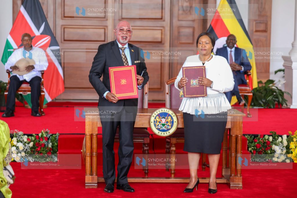 Cabinet Secretary for Tourism and Wildlife Rebecca Miano and Uganda's Minister of Foreign Affairs Gen. Odongo Jeje Abubakhar
