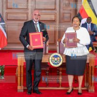 Cabinet Secretary for Tourism and Wildlife Rebecca Miano and Uganda's Minister of Foreign Affairs Gen. Odongo Jeje Abubakhar