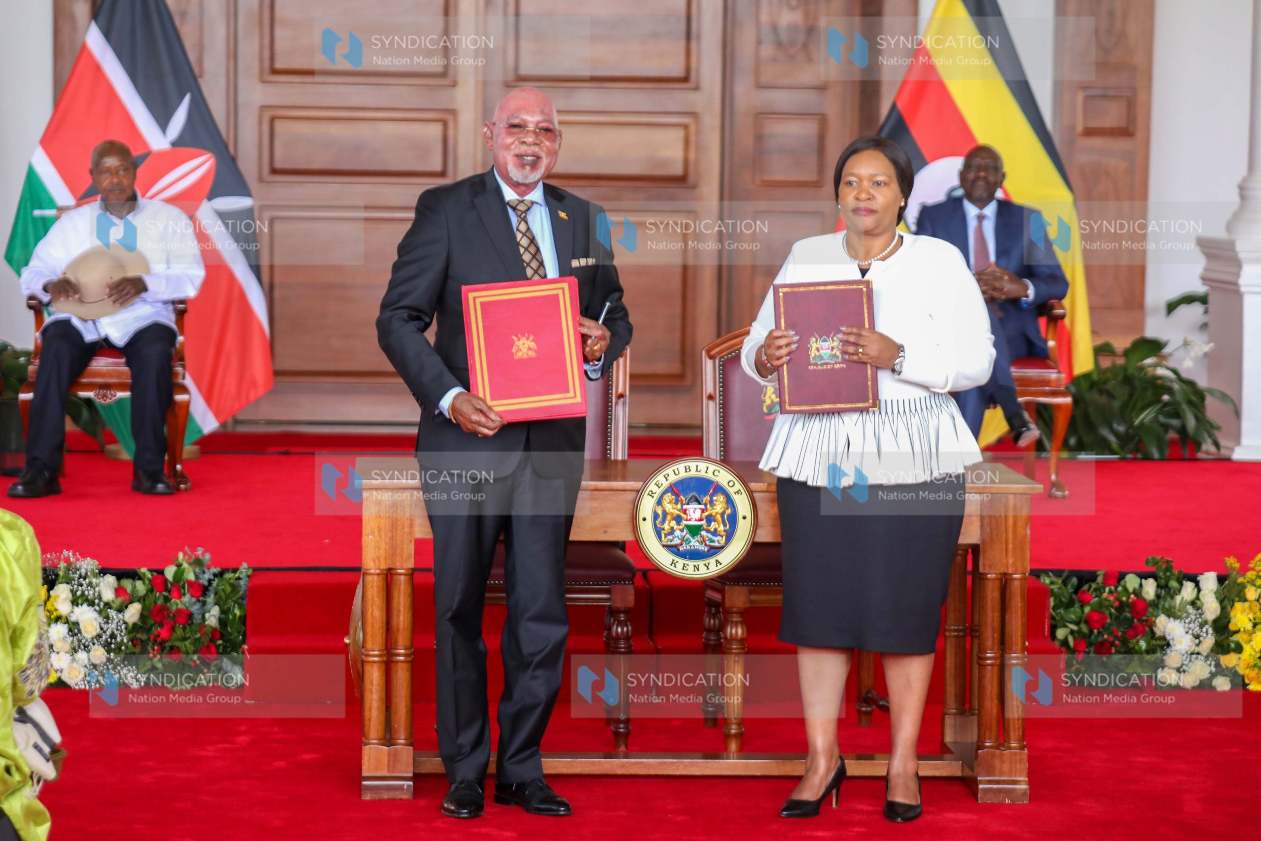 Cabinet Secretary for Tourism and Wildlife Rebecca Miano and Uganda’s Minister of Foreign Affairs Gen. Odongo Jeje Abubakhar