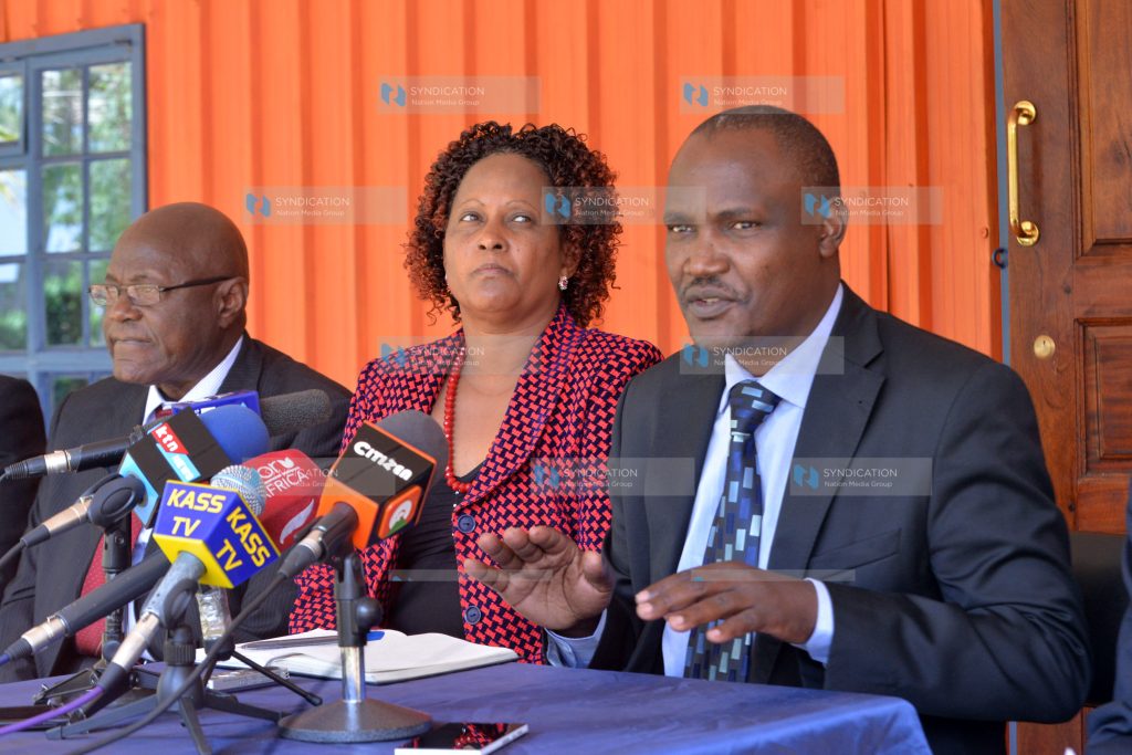Orange Democratic Movement (ODM) Chairman John Mbadi, the party national electoral board chairman Judith Pareno and board member Robert Arunga