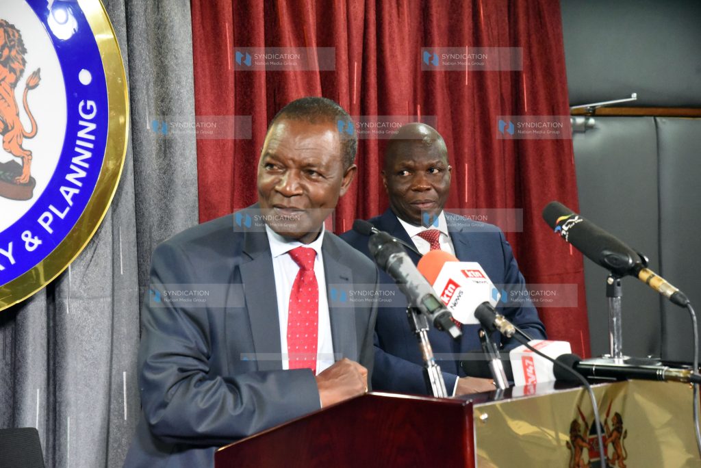 CS Treasury Prof Njuguna Ndung'u with incoming PS Economic Planning James Muhati