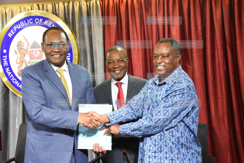 CS Treasury Prof Njuguna Ndung'u with incoming PS Treasury counterpart Dr Chris Kiptoo