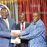 CS Treasury Prof Njuguna Ndung'u with incoming PS Treasury counterpart Dr Chris Kiptoo