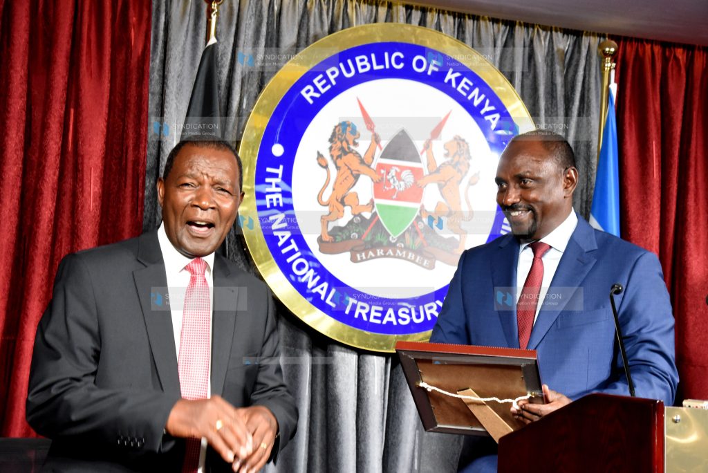 CS Treasury Prof Njuguna Ndung'u during the handover by former CS Treasury Ukur Yatani
