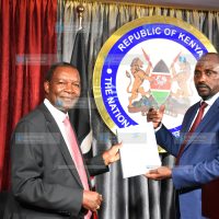 CS Treasury Prof Njuguna Ndung'u during the handover by former CS Treasury Ukur Yatani